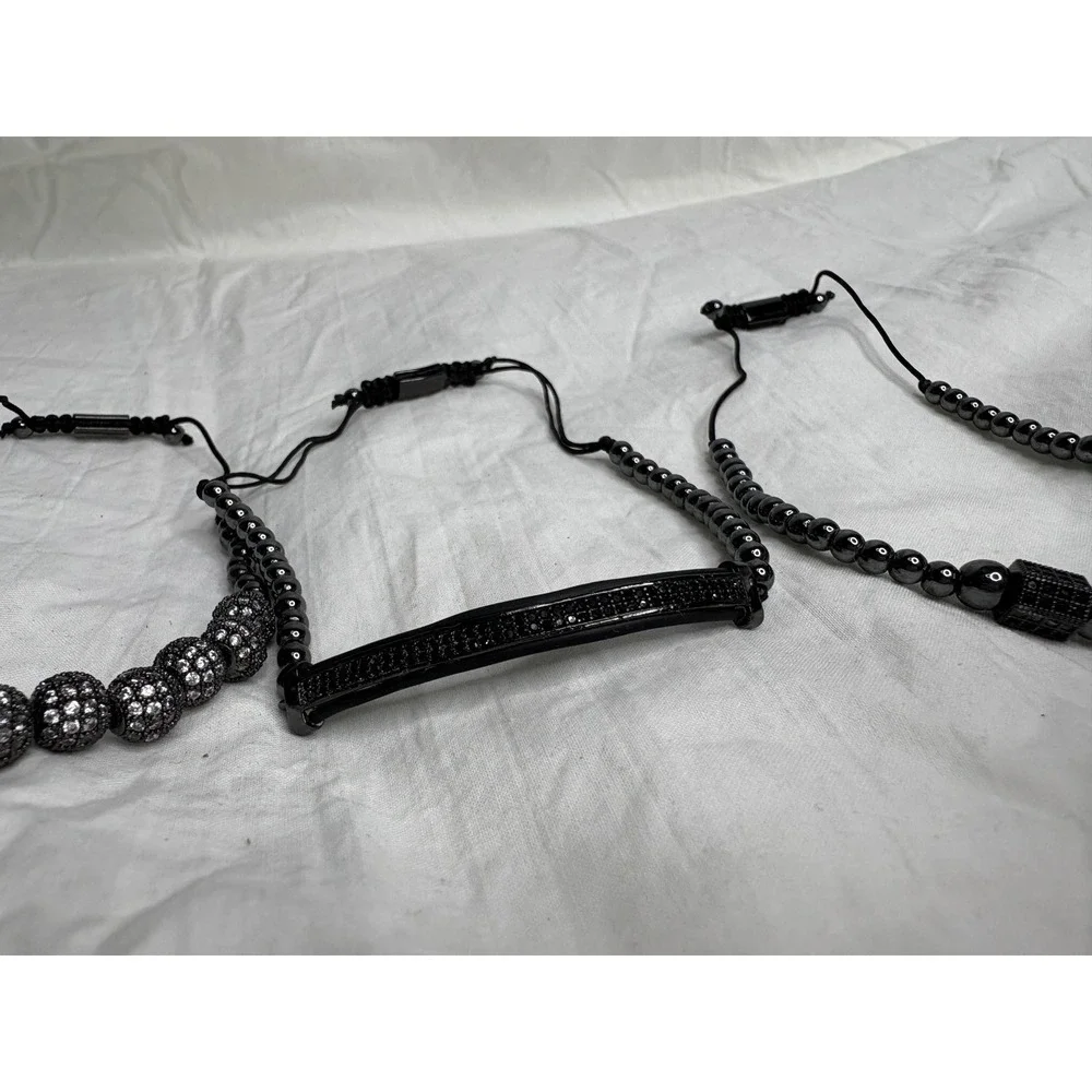 Mens Black Beaded Bracelets Crown Bar Square Accent Set 3